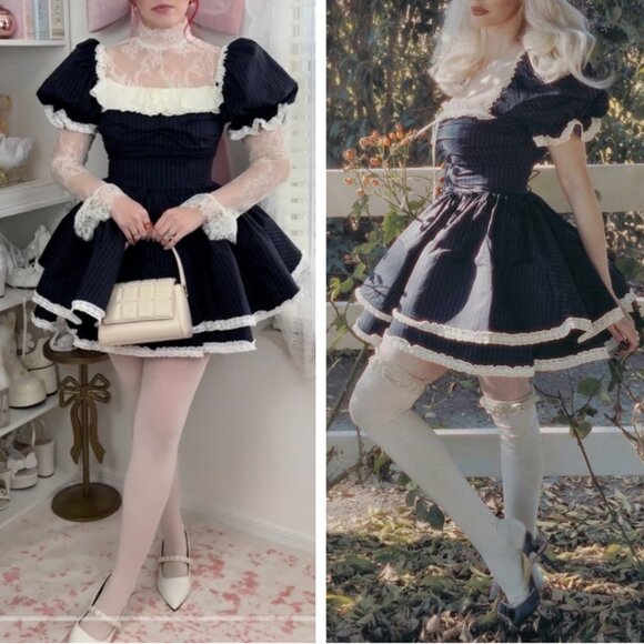 Selkie The Pinstripe Bonny Mini Dress Large Black White Lace Holiday - Picture 14 of 16